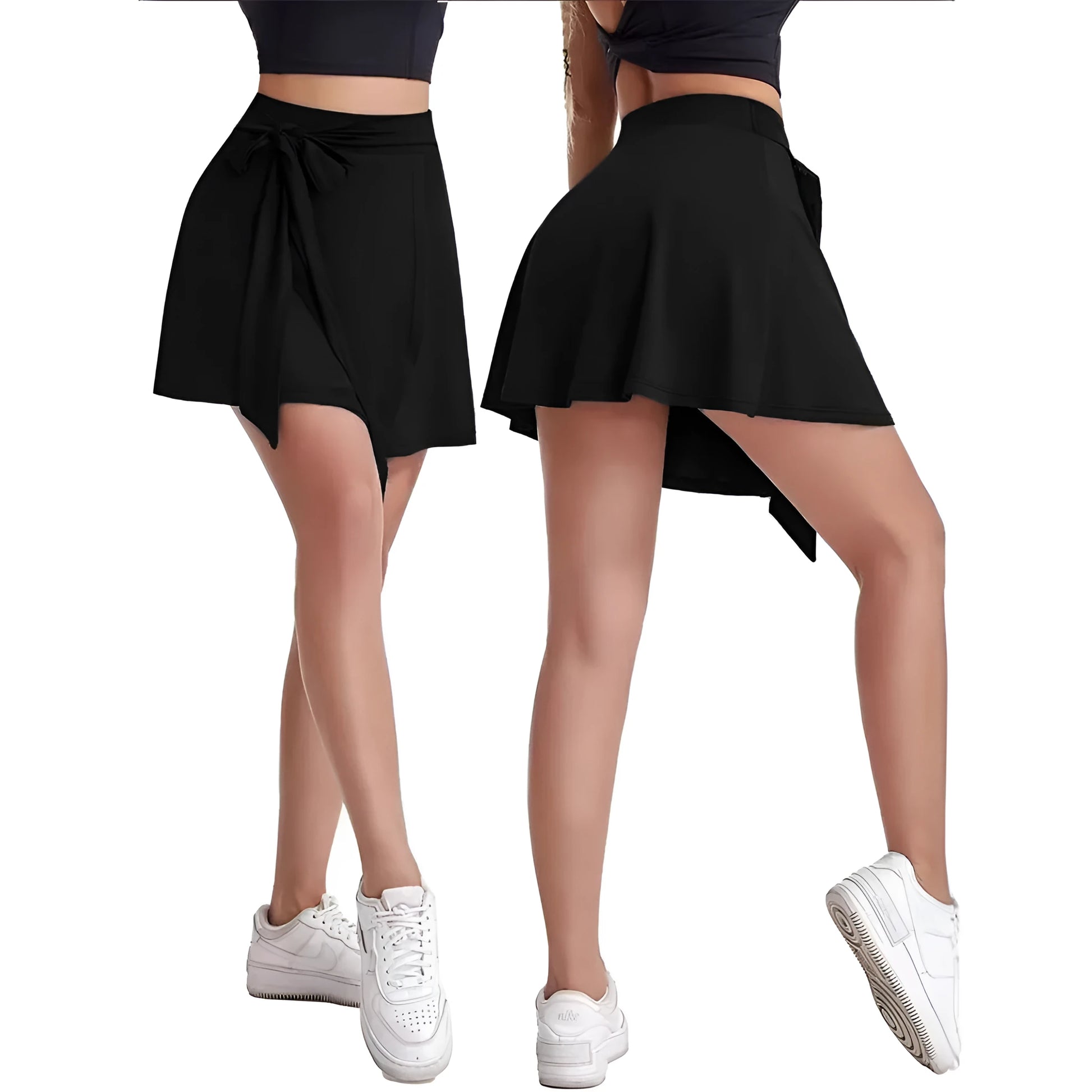 Black thigh-length unisex sports skirt with high waist and adjustable shoulder strap