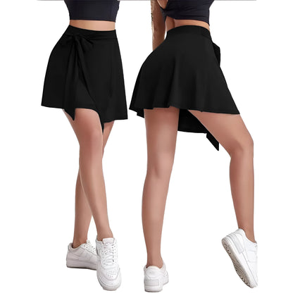 Black thigh-length unisex sports skirt with high waist and adjustable shoulder strap