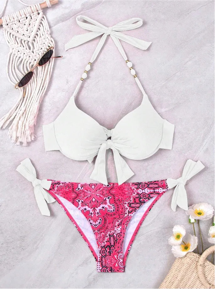 Ladies polyester bikini swimsuit set available in multiple colours including blue, red, and fluorescent green