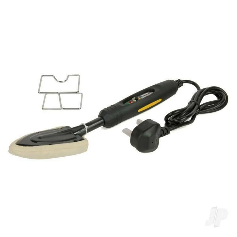 Electronic temperature control skin model dedicated hot iron for professional wig and hairpiece styling, with precise 100-220°C range, 220V voltage EU plug, metal barrel, PTFE soleplate, and TPR grip. Includes cotton cover and heat-resistant bracket.