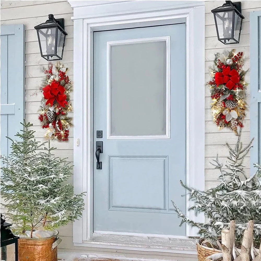Red upside down glowing Christmas tree plastic door curtain pendant, 100-150cm height, lightweight hanger for holiday decor