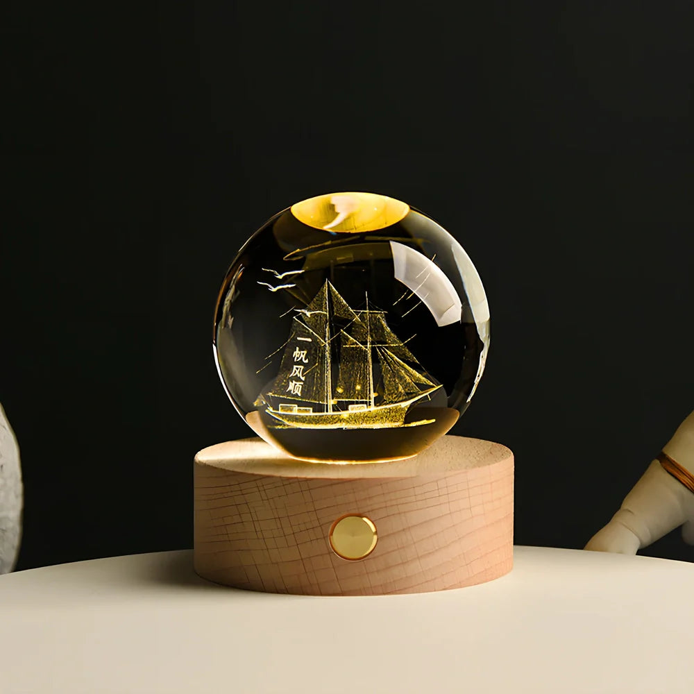 Luminous Galaxy Crystal Ball with 3D laser inner carving showing celestial patterns and gradient lighting