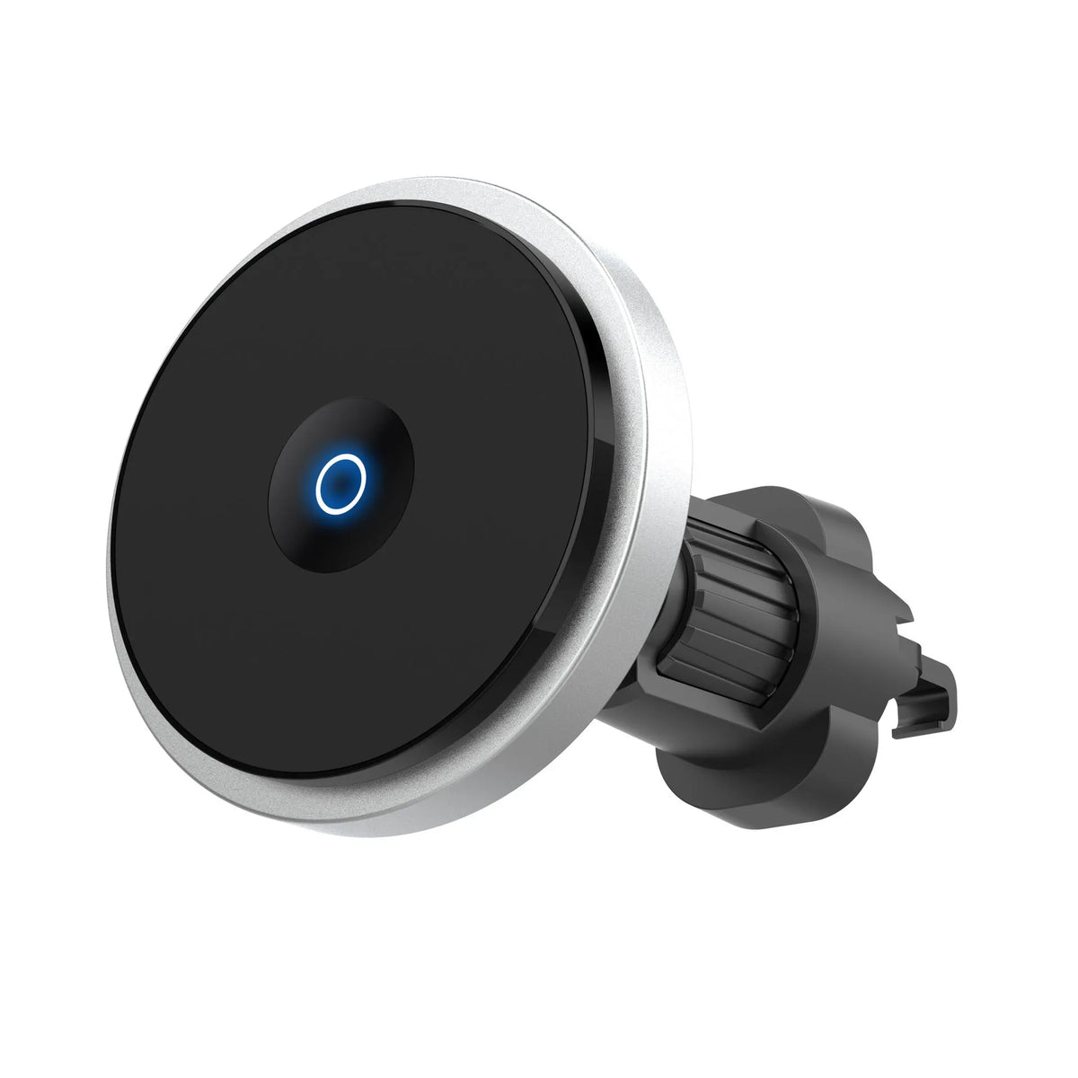Silver aluminium alloy wireless car charger with magnetic air vent mounting bracket