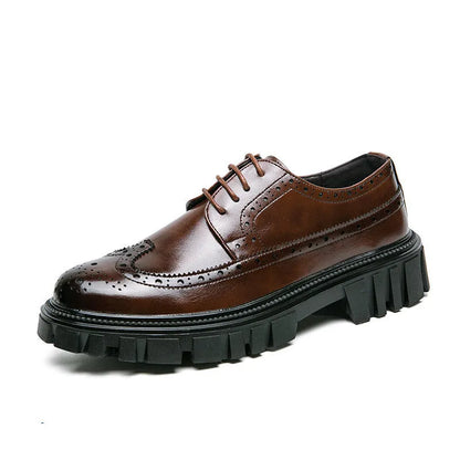 Men's black and brown business brogue shoes with round toe and artificial PU leather construction