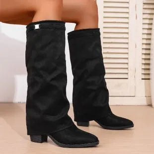 Men's pointed toe high tube pants boots with pleated chunky heel, artificial PU upper, beige colour