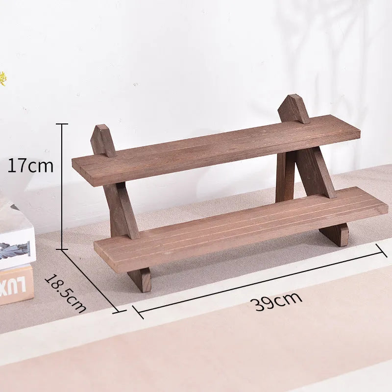 Multi-layer wooden stepped shelf in natural wood or walnut colour, shown in 2 to 5 tier floor-standing versions