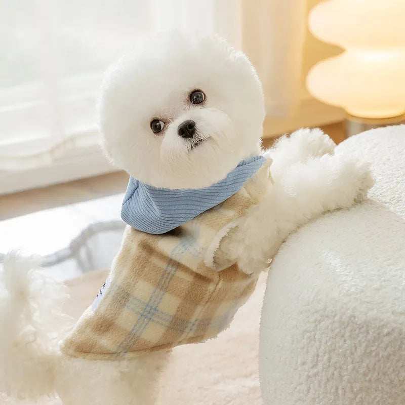 Blue corduroy chessboard grid pet hooded vest with traction hood for dog