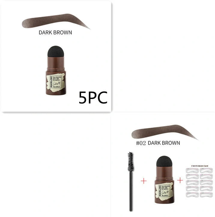 Eyebrow stamp kit with powder compact, air cushion applicator, 10 stencil cards, and dual-ended brow brush on white background