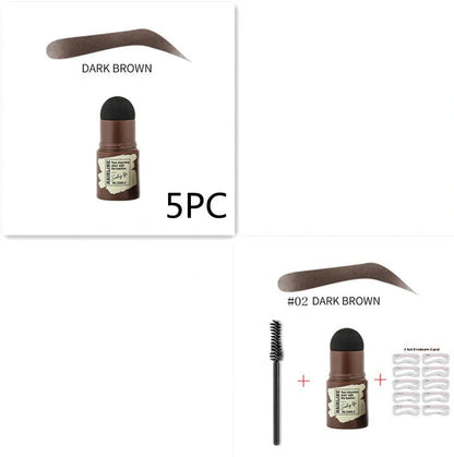 Eyebrow stamp kit with powder compact, air cushion applicator, 10 stencil cards, and dual-ended brow brush on white background