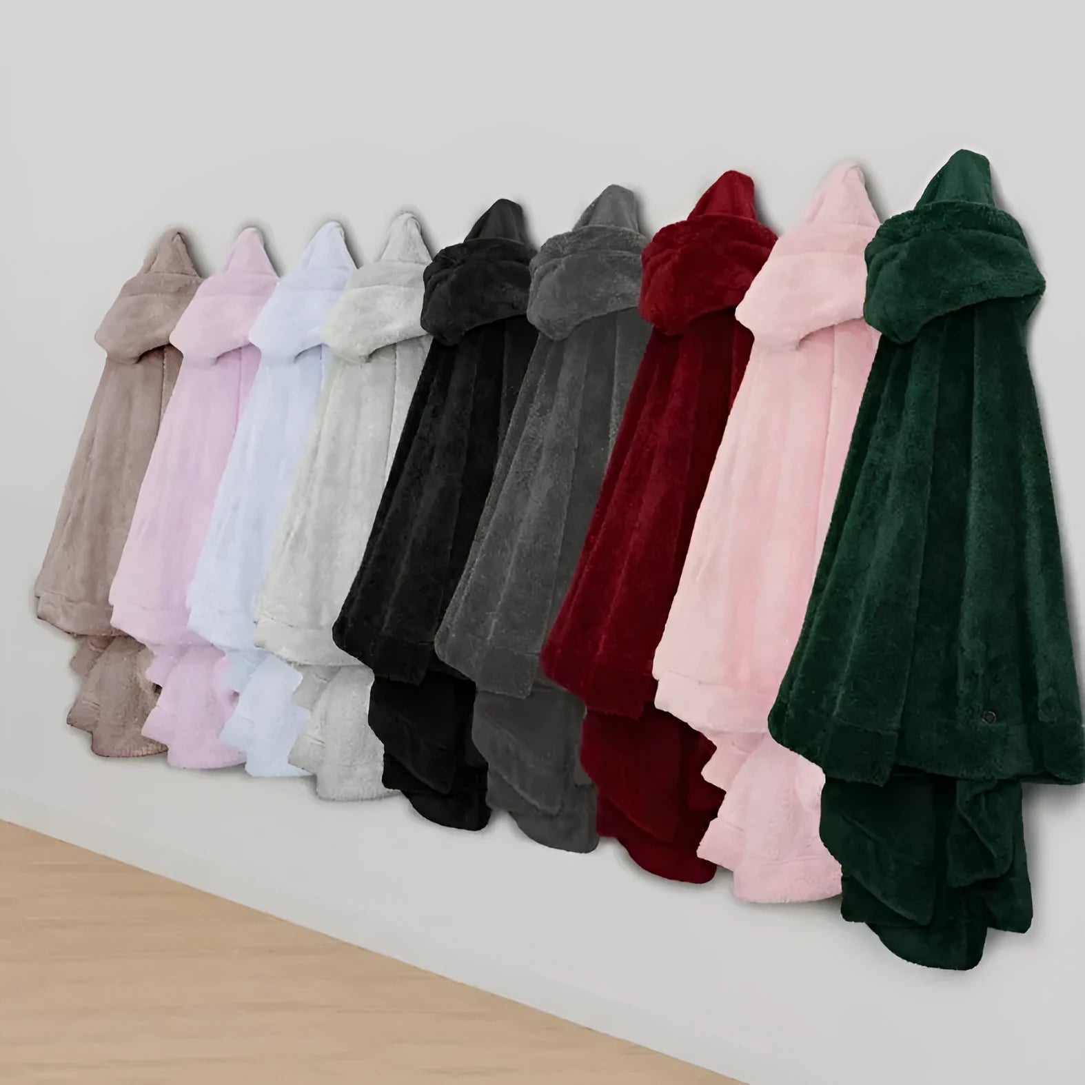 Thickened hooded cloak bathrobe in polyester, shown in black, dark grey, and pink colour options.