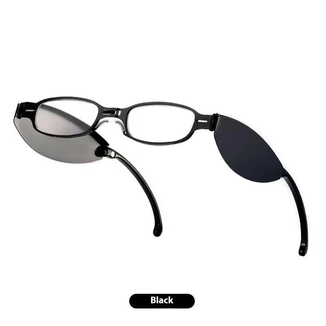 Black folding presbyopic glasses for men in a retro style with ring detailing.