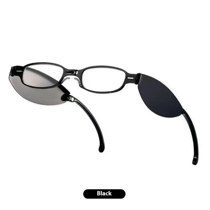 Black folding presbyopic glasses for men in a retro style with ring detailing.