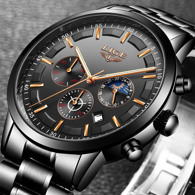 Men's waterproof quartz watch for business and sports in multiple colour combinations including black, blue, and rose red gold, featuring a 12mm case thickness and supplied in a single pack