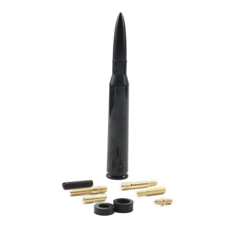 14cm long bullet car antenna shown in colour black, camouflage green, and American flag designs.