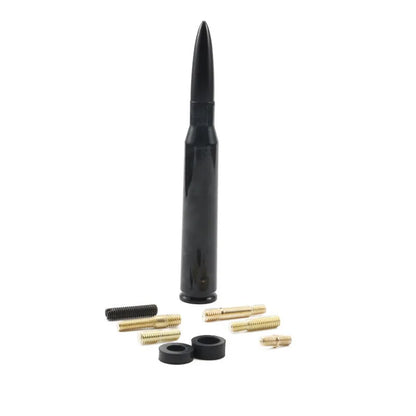 14cm long bullet car antenna shown in colour black, camouflage green, and American flag designs.