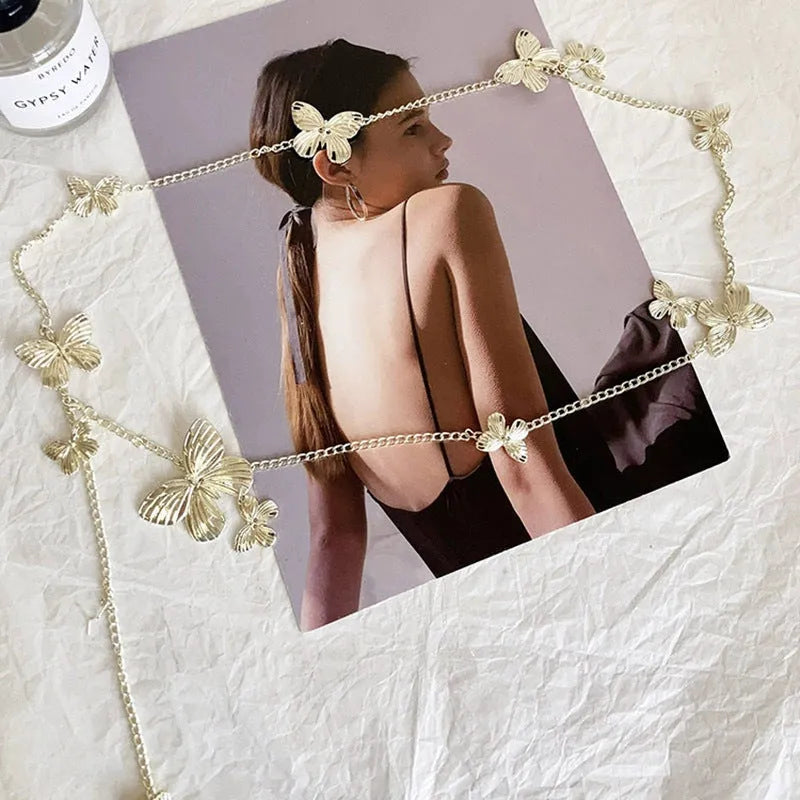 Gold or silver butterfly waist chain belt with alloy construction, measuring 104cm long.