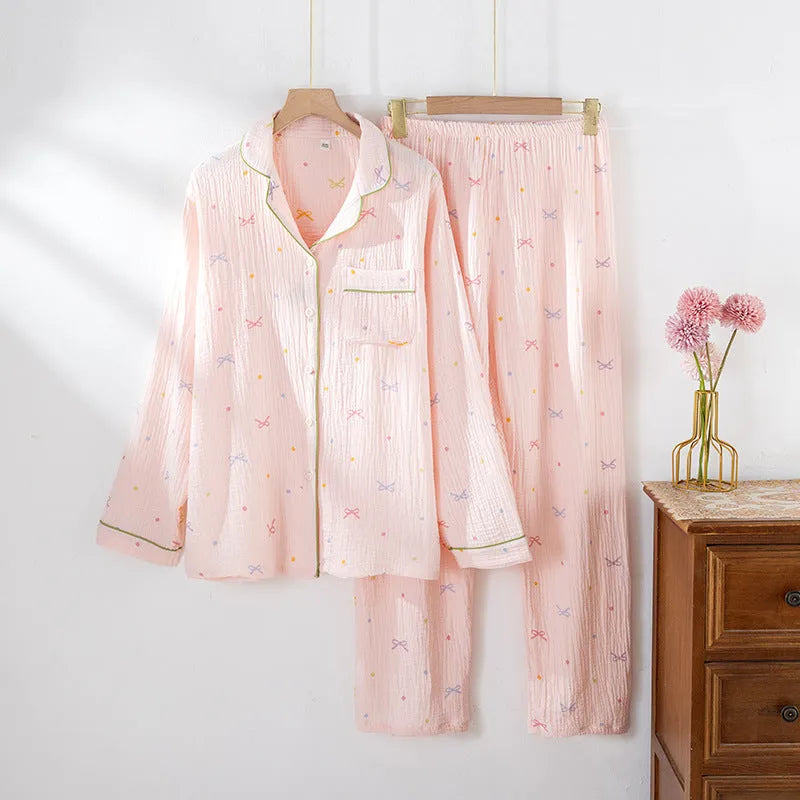 Women's cotton crepe pajama set in pink or beige with long sleeves and thin lightweight fabric