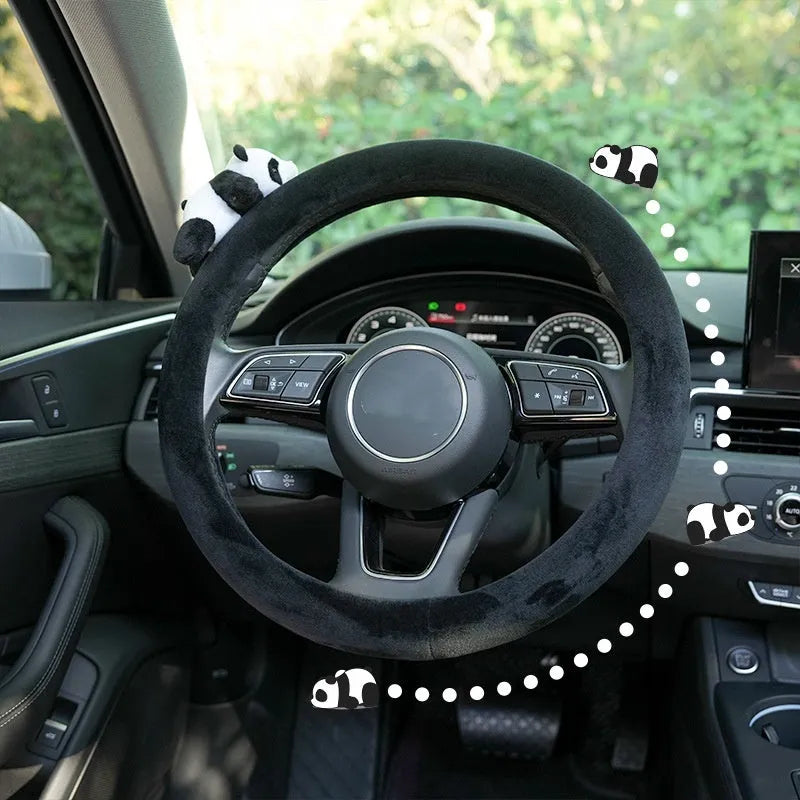 Black plush panda steering wheel cover with matching shoulder pad for winter car comfort