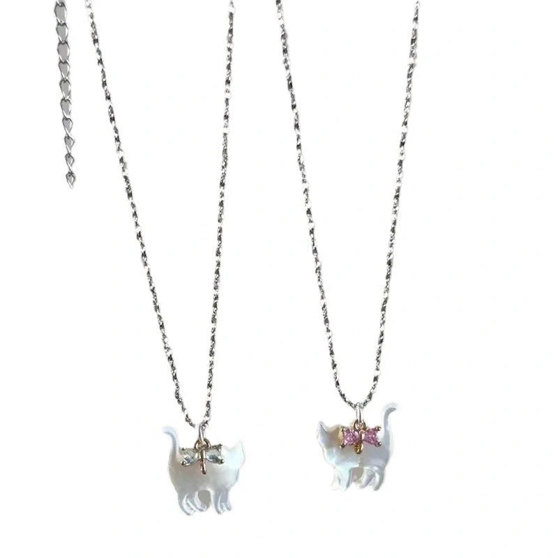 Cute transparent cat rhinestone pendant necklace with silver plated chain