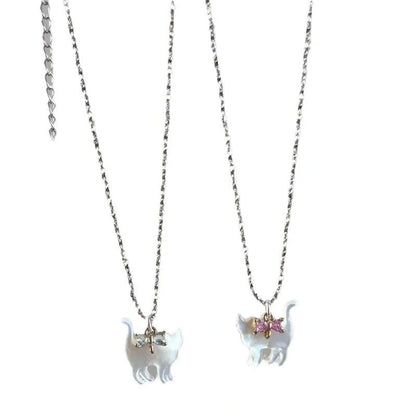 Cute transparent cat rhinestone pendant necklace with silver plated chain