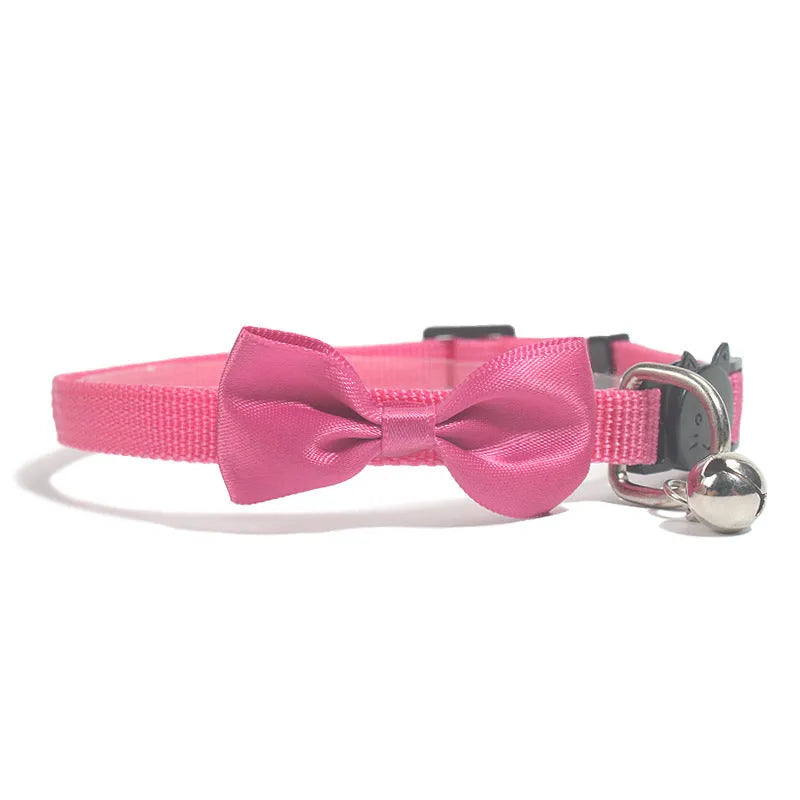Adjustable nylon cat collar with bell decoration in striped pattern, multiple colour options available