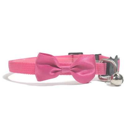 Adjustable nylon cat collar with bell decoration in striped pattern, multiple colour options available