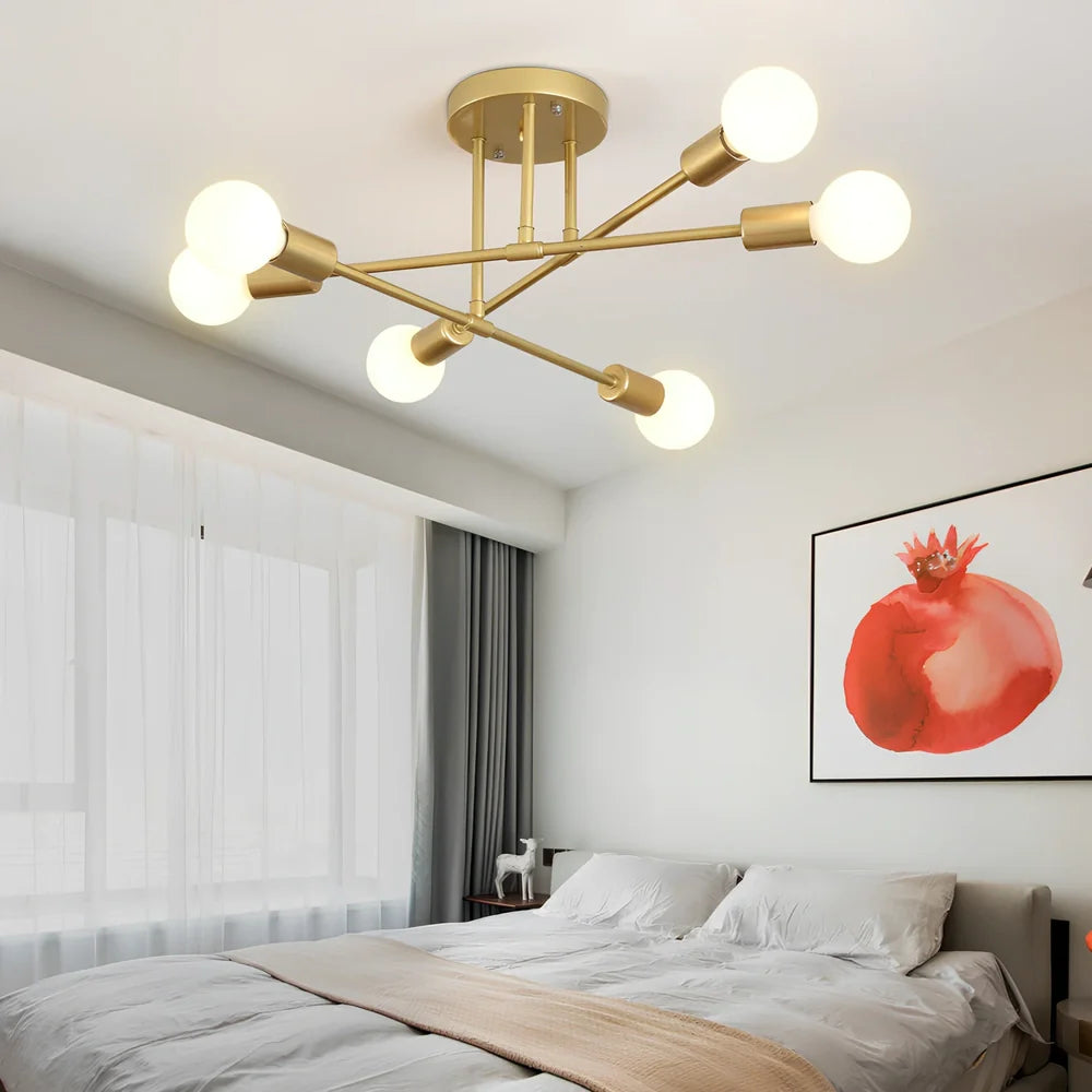 Industrial wind iron art ceiling light with 6 LED heads, 700mm diameter, European design in black, gold, or white