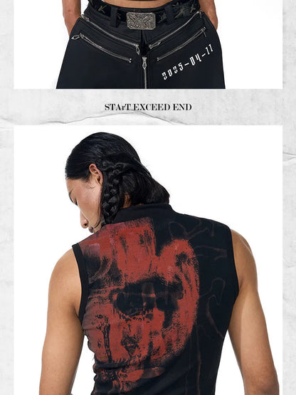 Black half turtleneck sleeveless t-shirt with character pattern printing on slim-fit cotton cloth