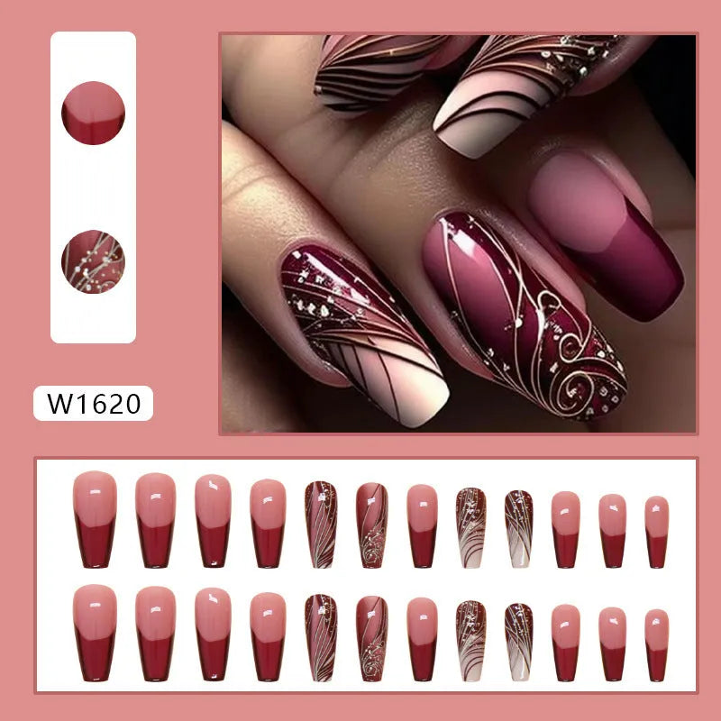 French line pattern fake nails with glue included in package