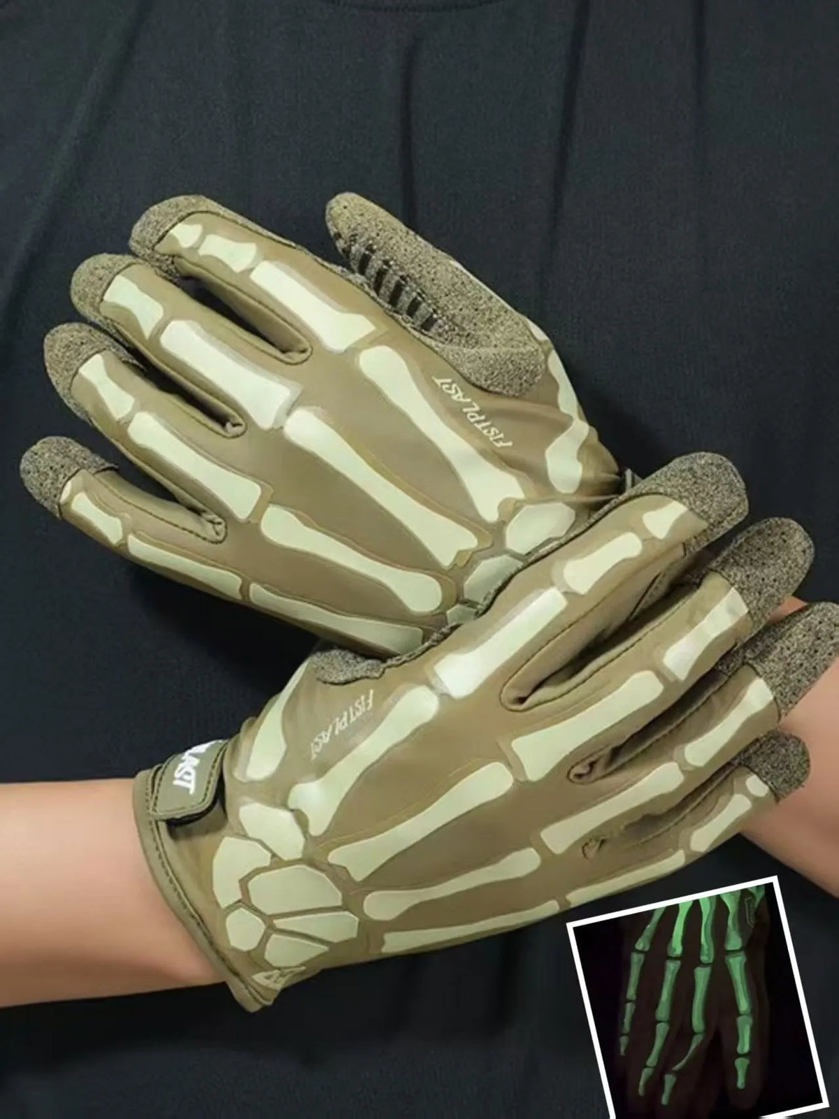 Skull luminous full finger riding gloves in black or khaki, ice silk polyester, touch screen and non-slip, sizes S-XXL