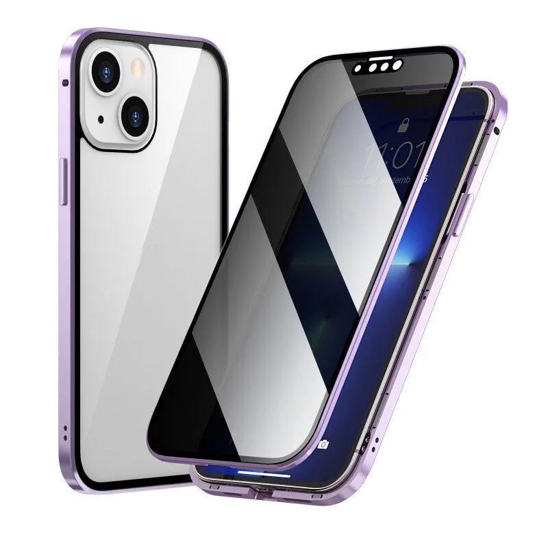 Black magnetic metal iPhone case with a privacy screen protector, shown on an iPhone 15 Pro.