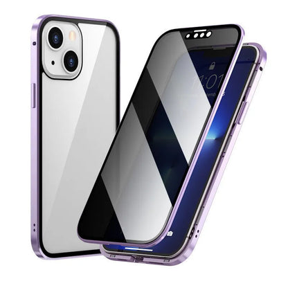 Black magnetic metal iPhone case with a privacy screen protector, shown on an iPhone 15 Pro.