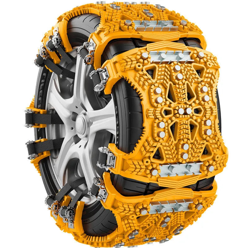 Universal non-skid chain with steel plate gear tire chains for cars and SUVs, including installation tool, snow shovel, and gloves in black or yellow options with 32x41x11cm packaging