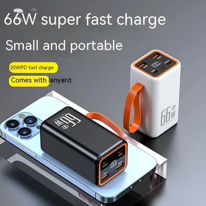 Black and white PD66W fast charge 20000mAh power bank showing creative design.