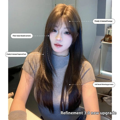 Layered long straight full-head wig in a cold brown colour with a lace front.