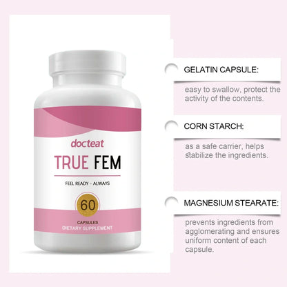 Bottle of Female Care Capsule Plant Extract containing 60 herbal supplement capsules