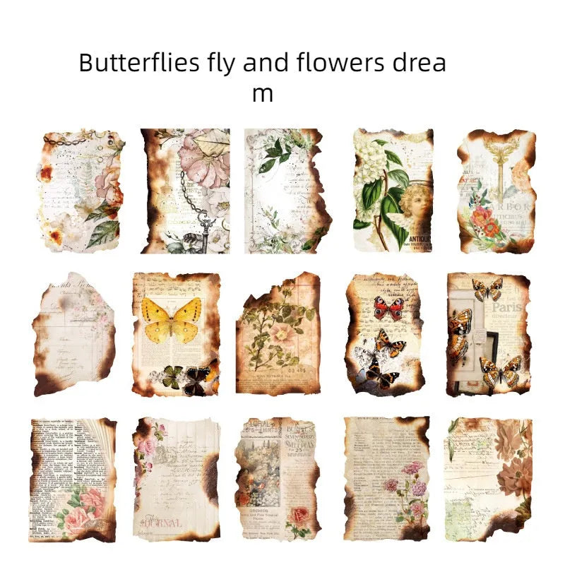 Sugar Poem burnt fragments paper set showing irregular shaped retro pieces in various themes