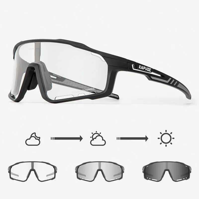 Photochromic cycling sunglasses with TR90 frame in semi-rimless unisex style on a solid colour background.