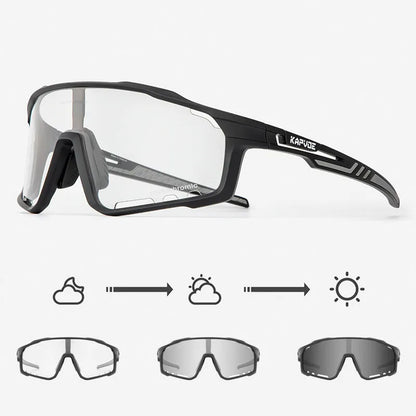 Photochromic cycling sunglasses with TR90 frame in semi-rimless unisex style on a solid colour background.