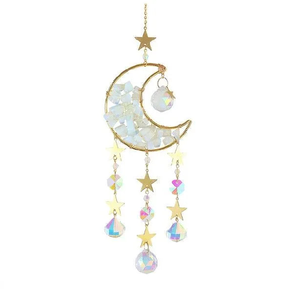 Moon-shaped K9 crystal car pendant with 420mm metal chain and 100mm diameter reflective centre in blue, green, pink, purple, or white