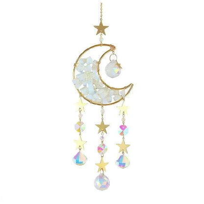 Moon-shaped K9 crystal car pendant with 420mm metal chain and 100mm diameter reflective centre in blue, green, pink, purple, or white