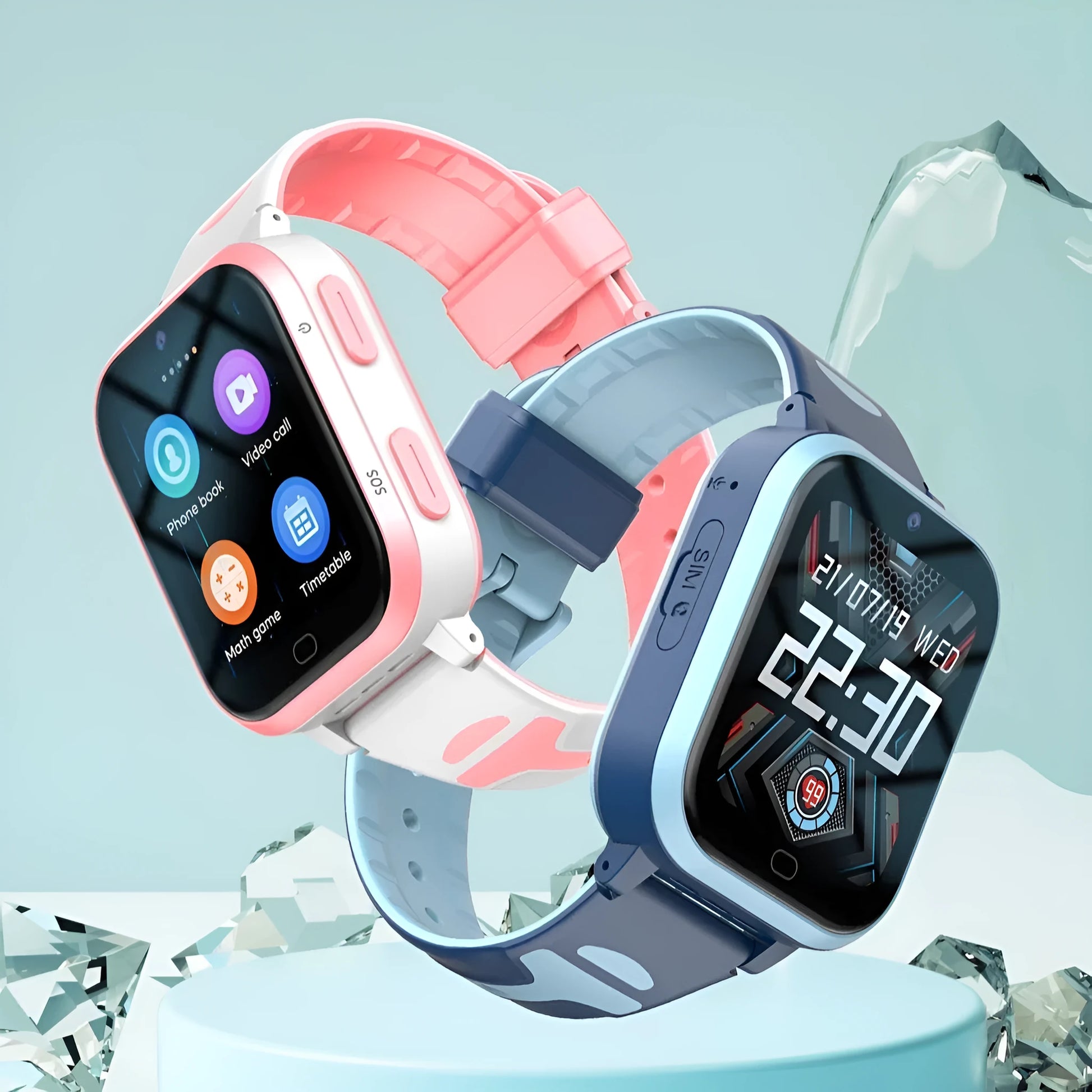 Child's smartwatch with colour screen on a wrist strap, shown in black, blue, and pink colour options.