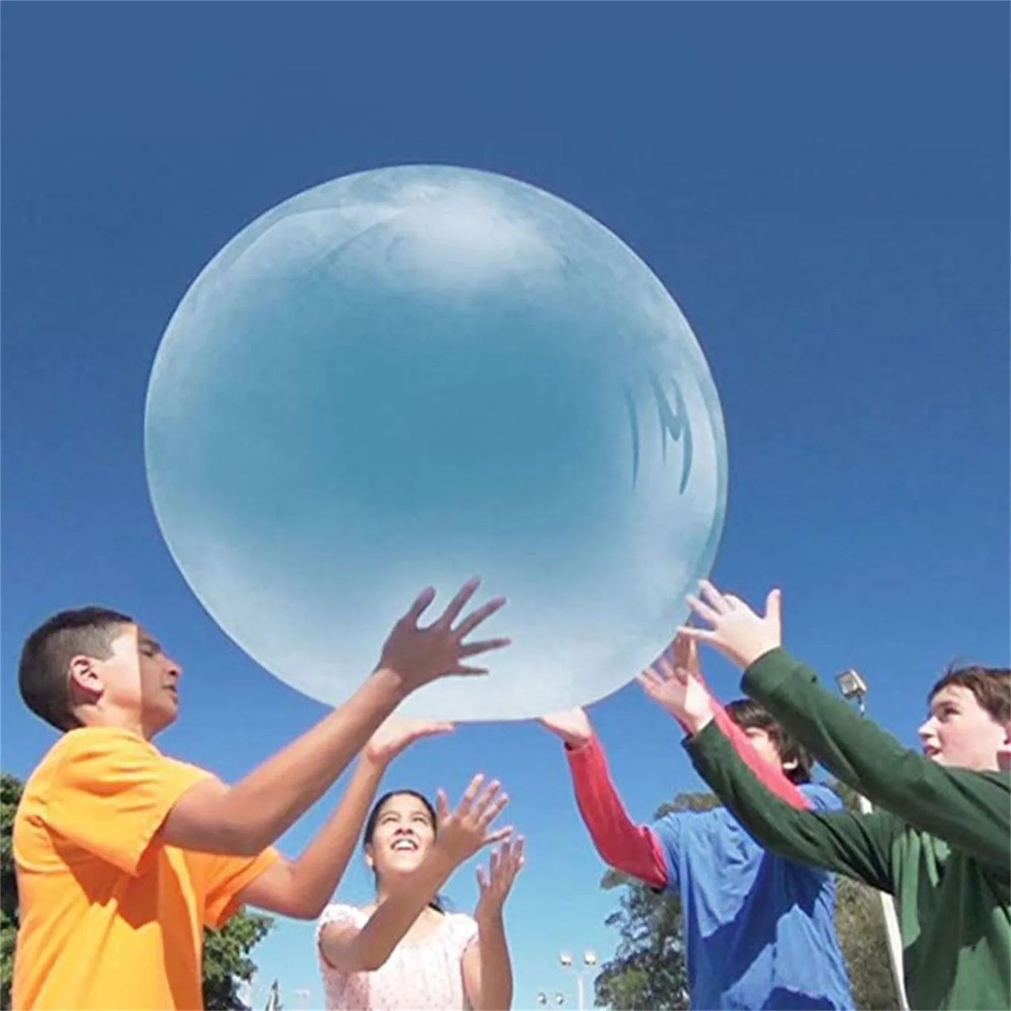 TPR inflatable ball in blue colour showing 70cm diameter measurement with self-sealing valve visible