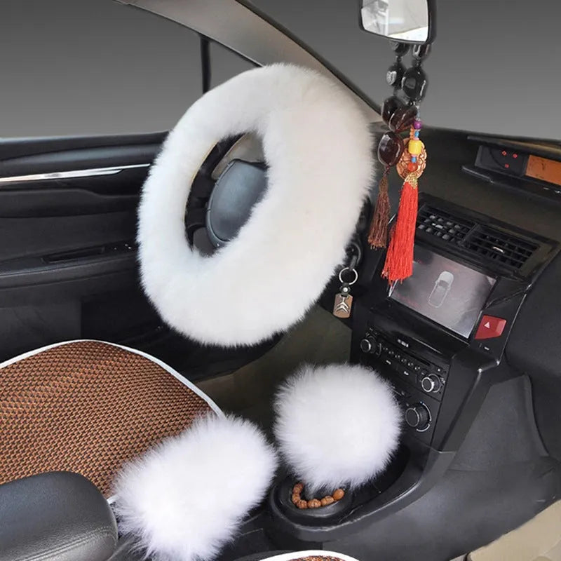 Wool steering wheel cover and handle cover set for car interiors