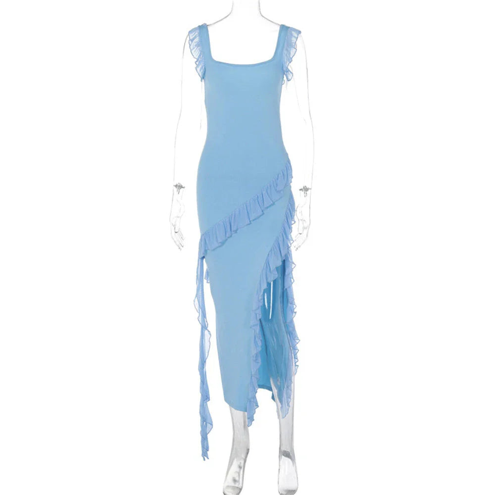 Stylish ruffled split-hem cocktail dress in a variety of colors, featuring a flattering silhouette and delicate spaghetti straps