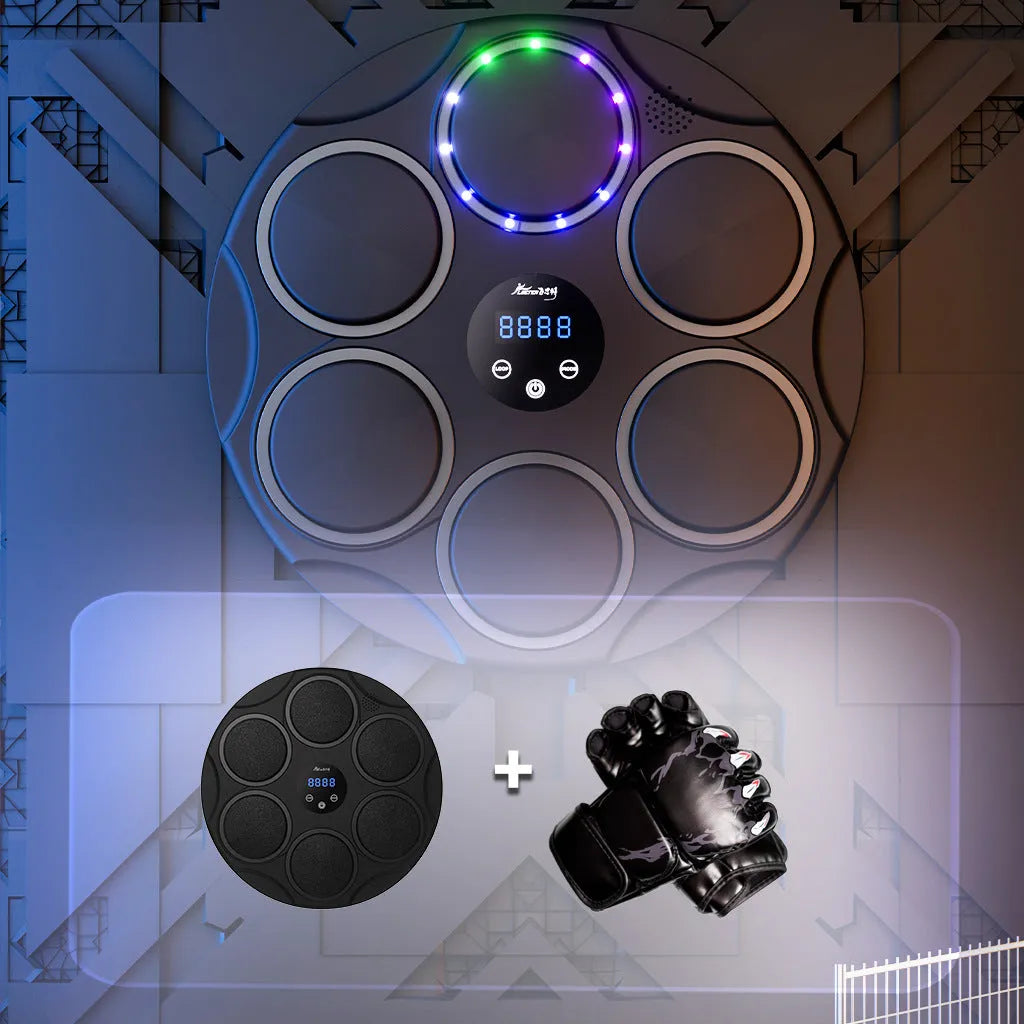 Smart Bluetooth boxing target with coloured LED lights mounted on wall for home fitness training