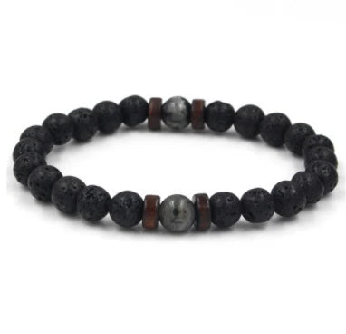 A stylish and durable men's bracelet made with volcanic stone, flash stone, and wood chips