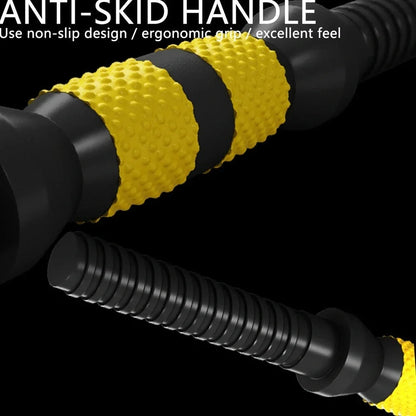 Yellow adjustable dumbbell barbell set with weight plates and connecting rod for home gym