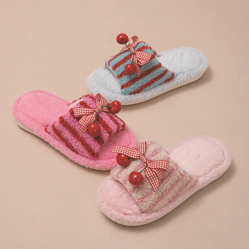 Cherry open plush slippers with contrast colour design, PVC sole, 1-3cm heel, in pink, red and blue, or rose red