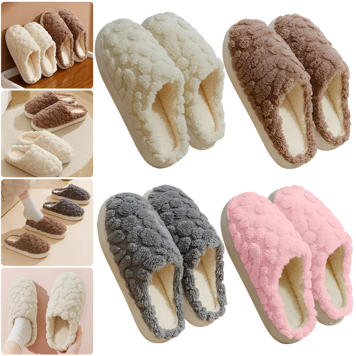 Unisex cartoon plush slippers with memory foam heels and anti-skid EVA soles in pink, green, beige, gray and brown